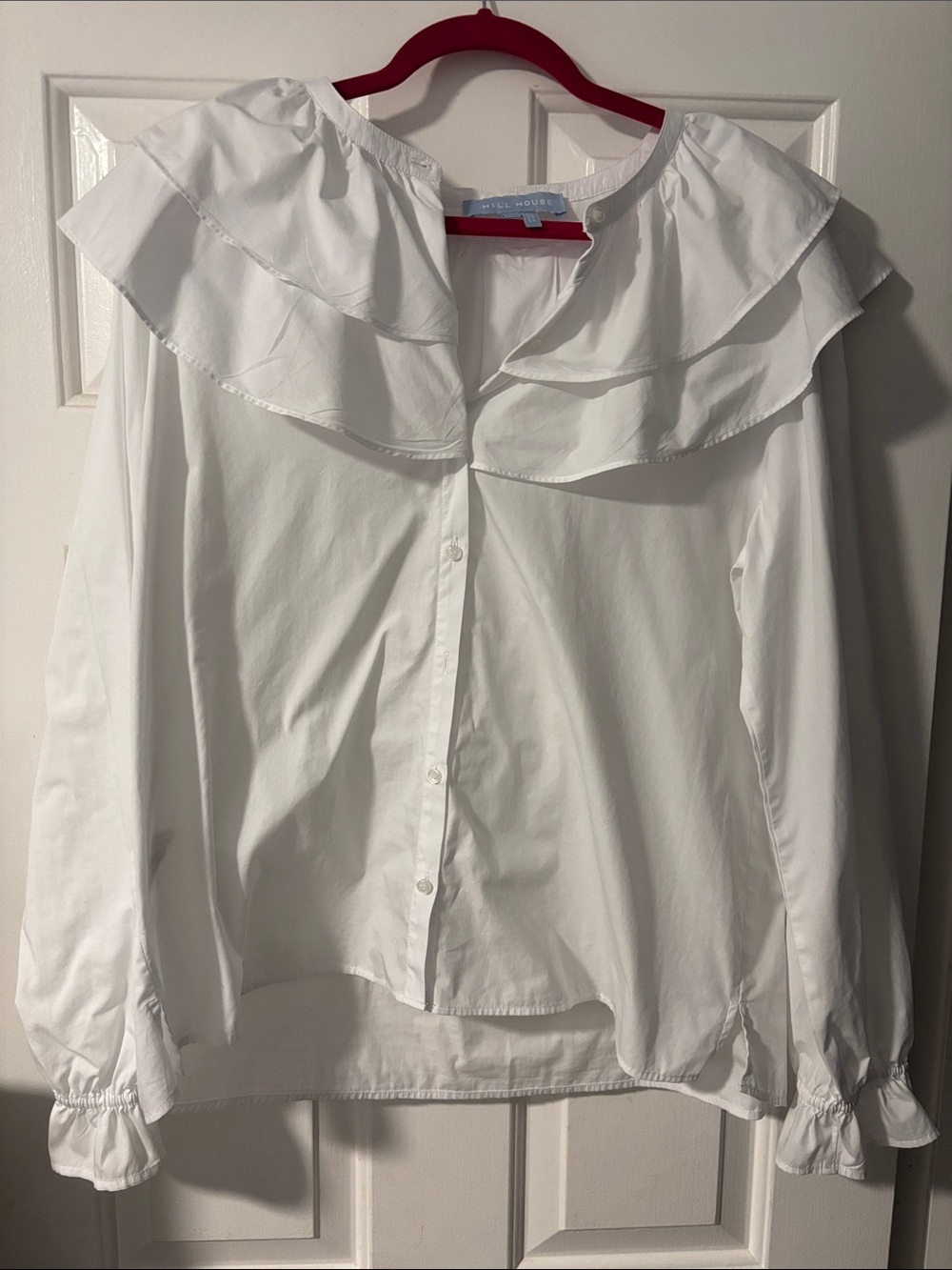 Hill House Womenβs White Cotton Ruffle-Sleeve Button Down Shirt Size XL